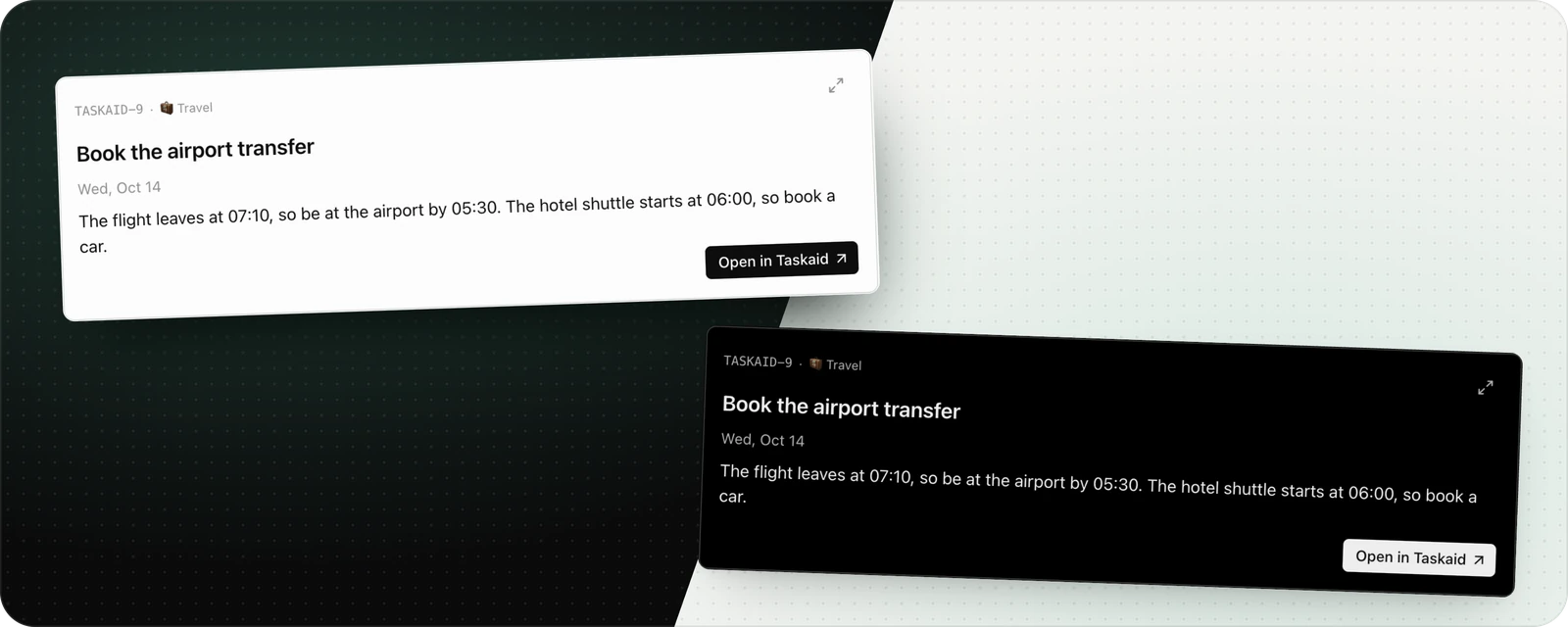 The task Book the airport transfer as a card, as ChatGPT shows it in its light and its dark theme