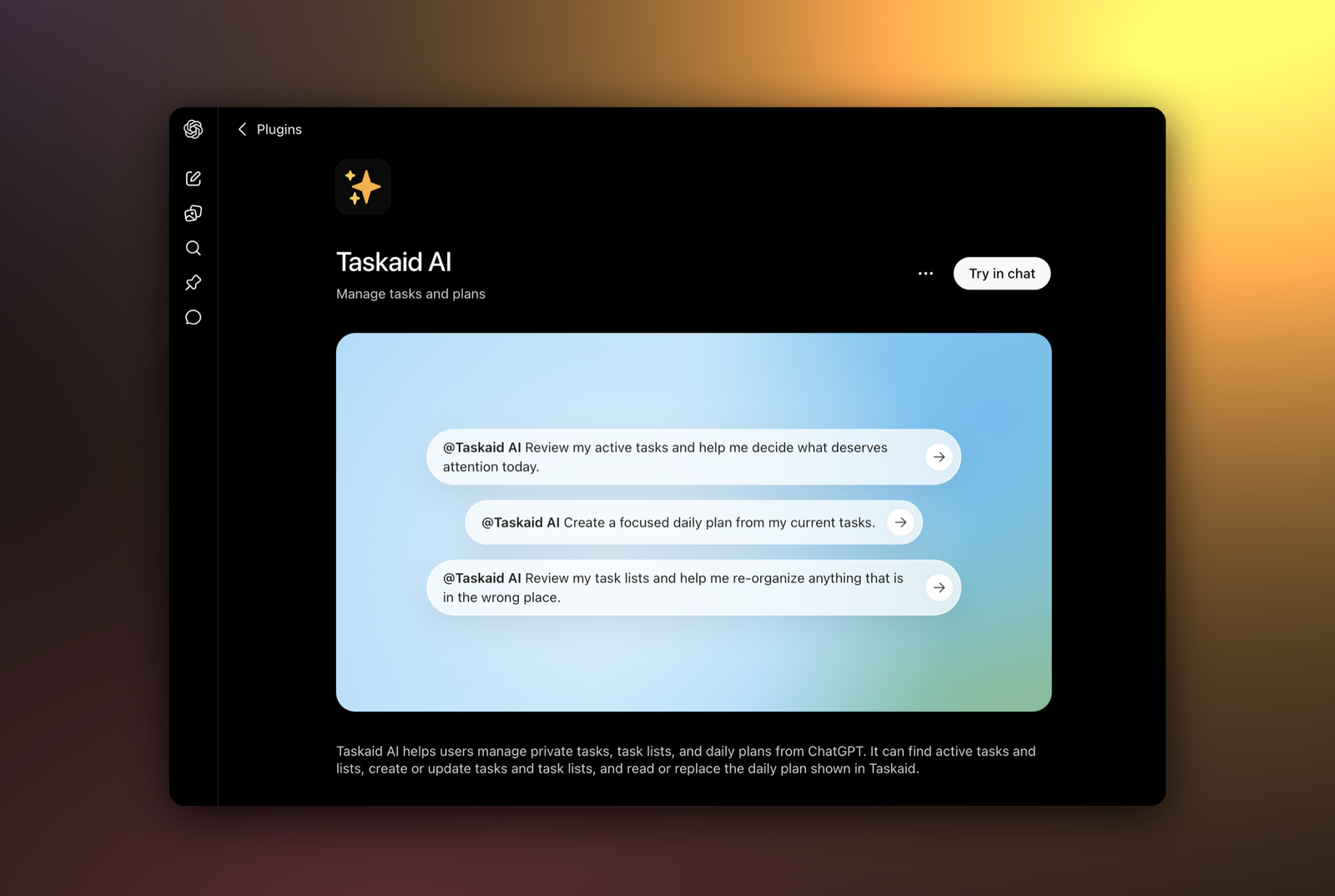 The Taskaid listing in ChatGPT's Apps directory, with three example prompts and the Try in chat button.
