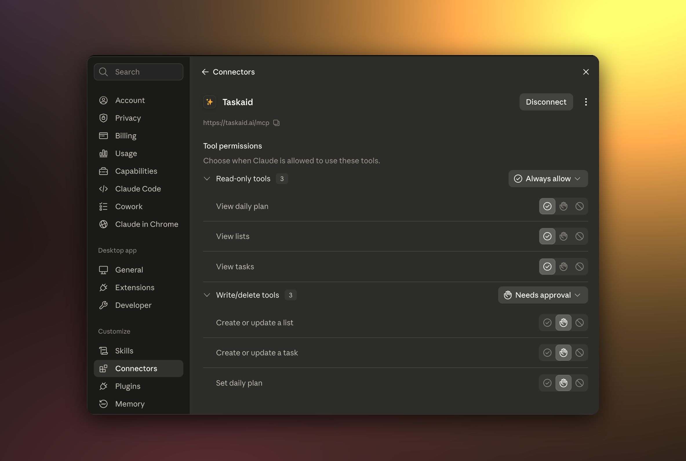 Claude's connector settings for Taskaid, showing three read-only tools set to always allow and three write tools set to needs approval.