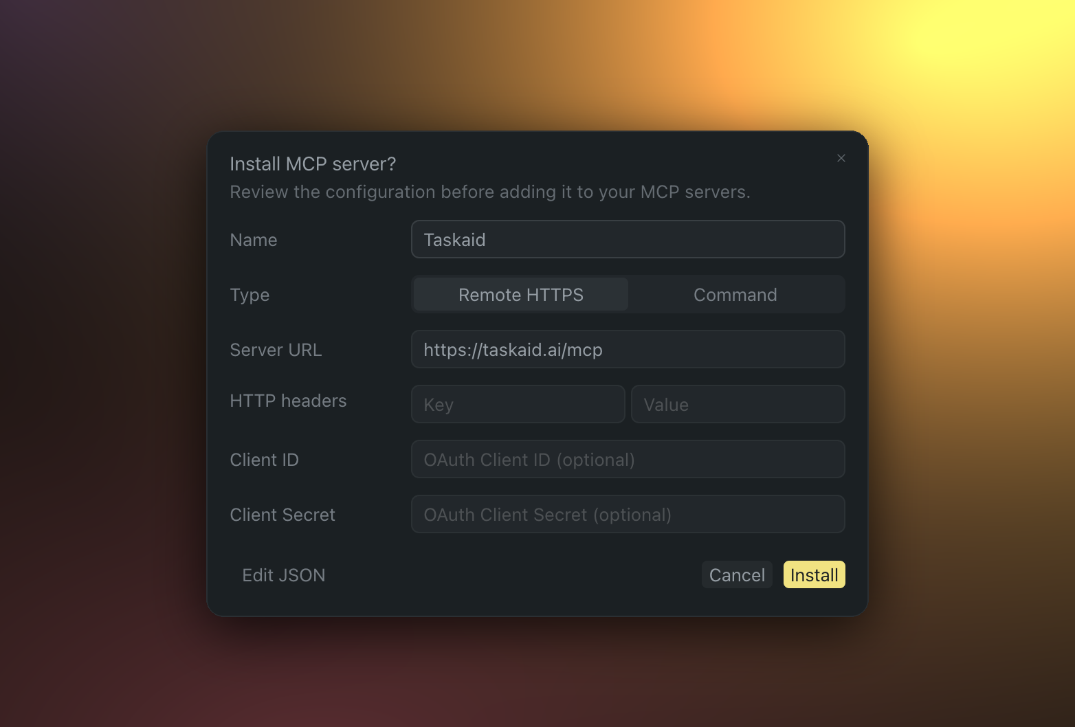 Cursor's Install MCP server dialog for Taskaid, showing the name, the Remote HTTPS type and the server URL to review before choosing Install.