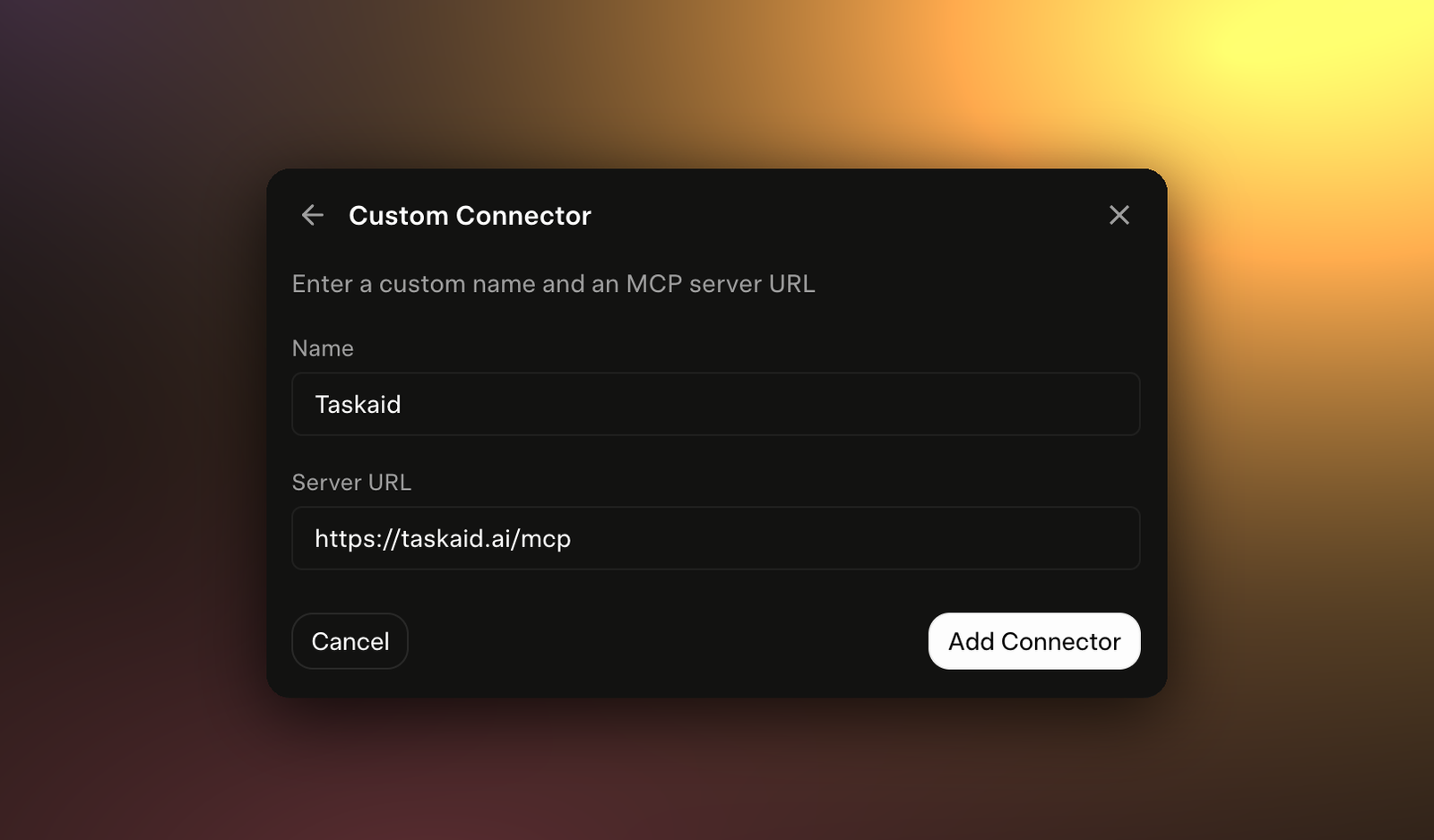 Grok's Custom Connector dialog with Taskaid as the name and https://taskaid.ai/mcp as the server URL, ready to add.