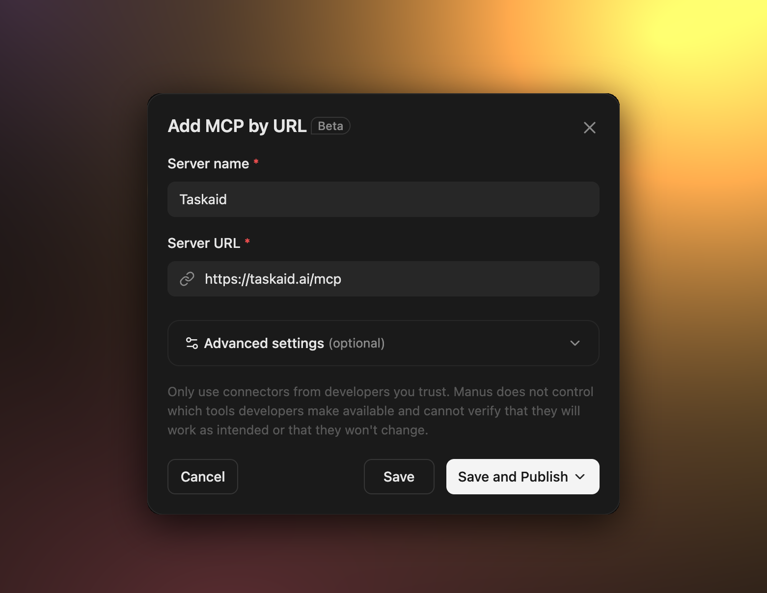 Manus's Add MCP by URL dialog with Taskaid as the server name and https://taskaid.ai/mcp as the server URL, ready to save.